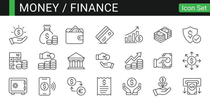 Money and finance line icon set for banking and financial services app, website and UI design element