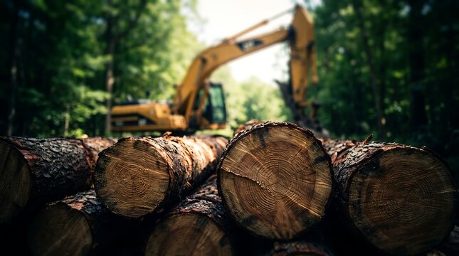 Stacked timber logs in a forest showcasing cut tree trunks, heavy logging machinery and forest deforestation, representing industrial timber production and forestry resource management
