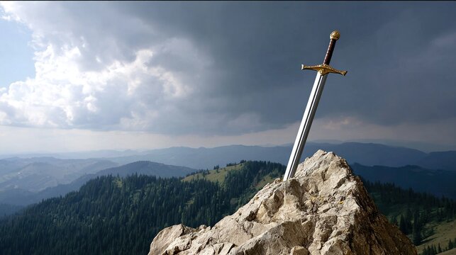 longsword. Medieval longsword plunged into a rocky mountain summit. event programs, museum guides, cultural reports, designed for cultural heritage projects and event programs, used by chefs.