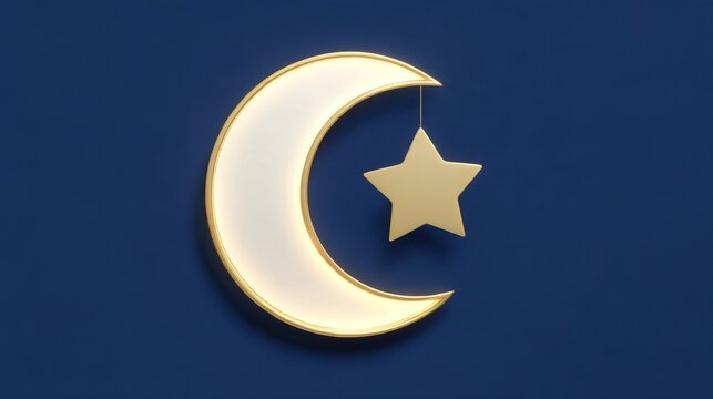 crescent. Minimalist crescent moon and star symbol glowing against deep blue. event programs, museum guides, designed for cultural heritage projects and event programs, used by web designers.