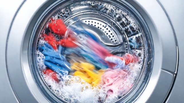 Close-up of a rotating washing machine drum during the washing of multicolored laundry in soapy water with foam.