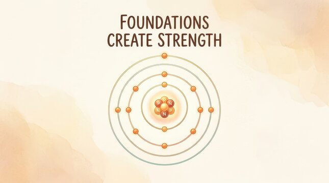Foundations Create Strength: Abstract illustration of atomic structure and concept of building a str