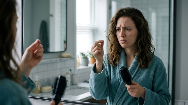 Stressed woman examining strands of fallen hair while looking into bathroom mirror wearing bathrobe