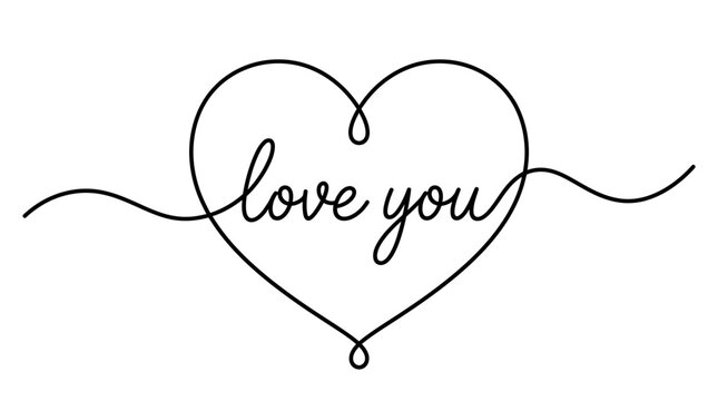 Hand-drawn heart outline with 'love you' in cursive script - romantic line art illustration for Valentine's cards, gifts, and home decor