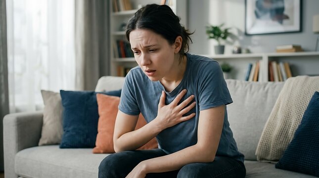 Stressed young woman experiencing sudden chest pain while sitting alone on living room sofa