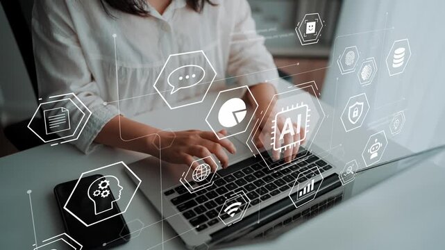 Modern professional working on a laptop with digital interface displaying artificial intelligence icons and technology symbols in a bright office space Gluon.