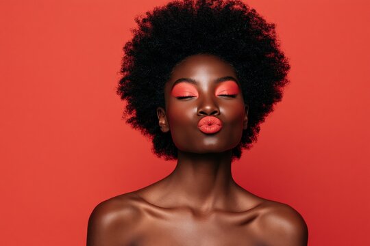 Portrait of woman with bold red makeup and puckered lips for beauty banner and cosmetic product background