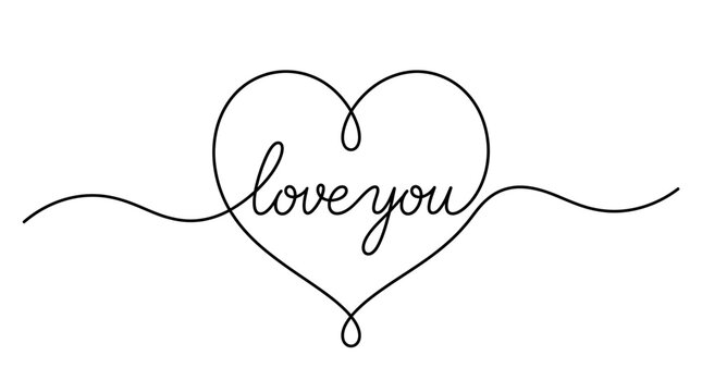 Hand-drawn heart with 'love you' script inside and decorative line flourish, a romantic Valentine illustration for cards and gifts