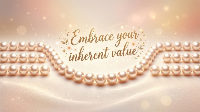 Elegant pearl necklace with inspirational quote "Embrace your inherent value" on soft background