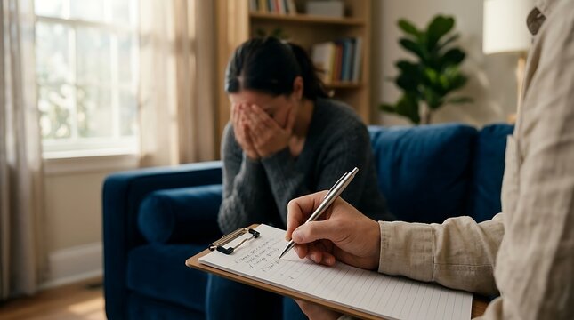 Stressed woman receiving professional mental health support during private counseling session in bright modern office