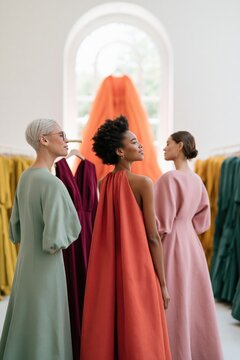 Three models viewed from the back in vibrant designer gowns with arched display for fashion lookbook background and boutique editorial banner