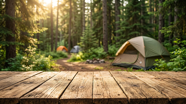 Forest Camping Scene with Tents and Wooden Table