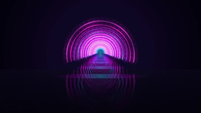 Futuristic neon LED arch tunnel with floor reflection motion loop