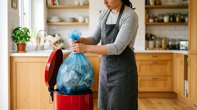 Person wearing grey apron placing filled blue plastic trash bag into red kitchen bin