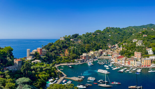 Landscape with the picturesque village and harbor of Portofino, located on the coast of the Italian Riviera in the Liguria region, Italy