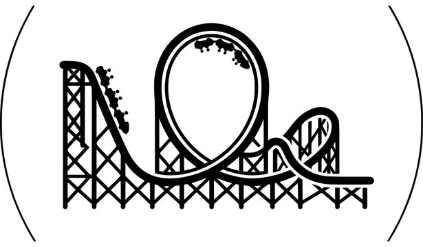 Black and white outline icon of a roller coaster with loops amusement park theme park thrill ride rollercoaster adventure