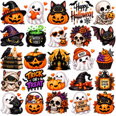 Fototapeta premium Cute Halloween Sticker Set with Pumpkins, Ghosts, Black Cats, Witches, Bats, Skulls and Spooky Characters 