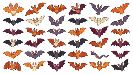 Fototapeta premium Halloween bat vector set with 36 cartoon icons, flying bat silhouettes in orange and purple, spooky animal character collection for autumn decor