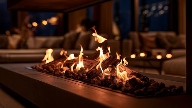 Modern Linear Gas Fireplace Glowing in a Luxurious Living Room Interior.