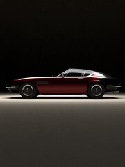 Fototapeta premium Classic vintage deep red grand tourer sports car in side profile on dark studio background showcasing elegant timeless automotive luxury design