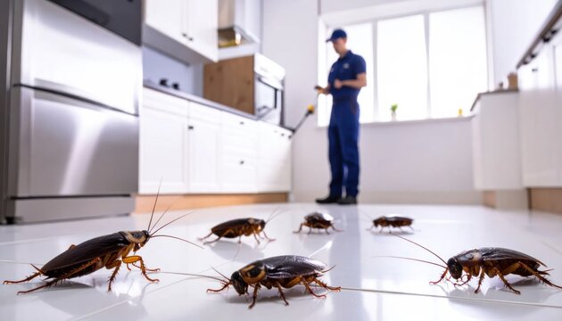 Cockroach infestation in kitchen with pest worker background.