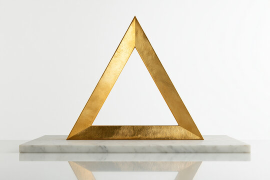 A minimalist golden triangle frame standing on a white marble slab isolated on white background.