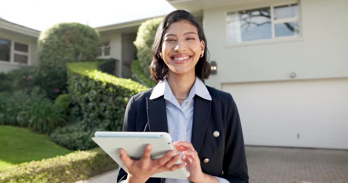 Smile, woman and realtor with tablet by house, property management and valuation at front yard. Face, happy person or real estate agent with tech for home sale opportunity, listing or about us