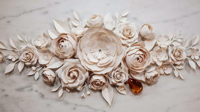 Paper flower arrangement with amber teardrop gem on white marble surface, down view
