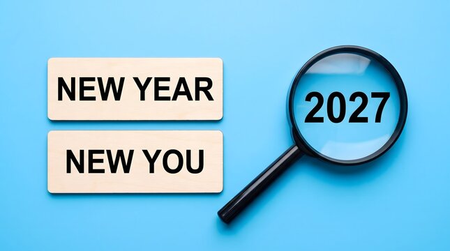 New Year New You 2027 Wooden Blocks with Magnifying Glass on Blue Background