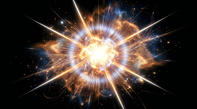 Cosmic supernova explosion with bright light rays and glowing particles, cinematic starburst effect in deep space with orange and blue nebula clouds