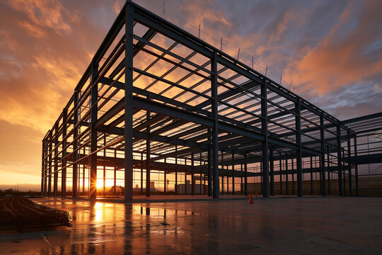 The structural steel framework of a modern commercial building under construction during a dramatic sunset.