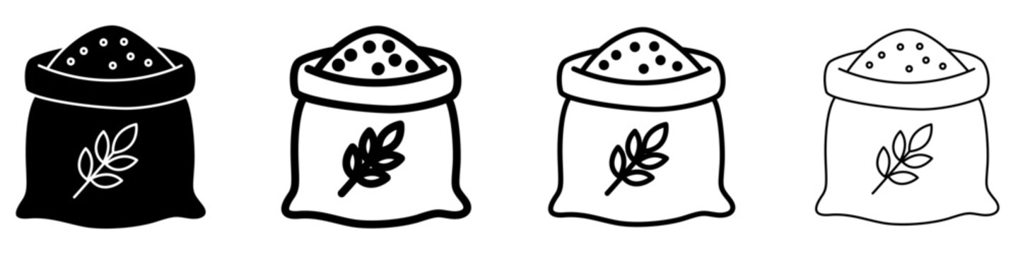 Mixed icon set of grain bags with wheat elements