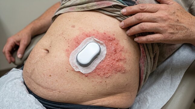 Severe Allergic Skin Contact Dermatitis Rash around Continuous Glucose Monitor Sensor on Patient Abdomen