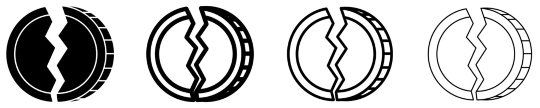 Broken coin solid glyph icon for financial crisis