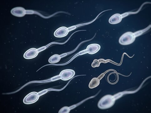 Microscopic view of human sperm cells swimming in fluid.