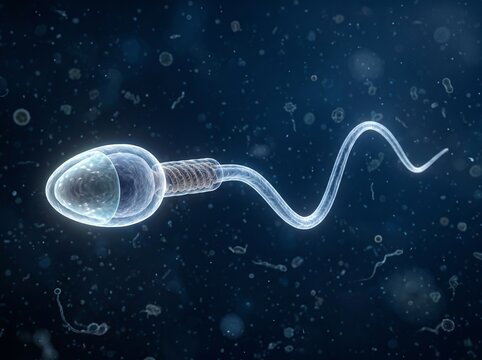 Microscopic view of a human sperm cell swimming in fluid.