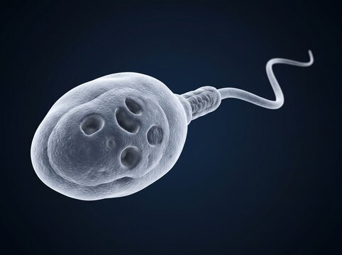 Microscopic view of a single sperm cell with a flagellum against a dark background.