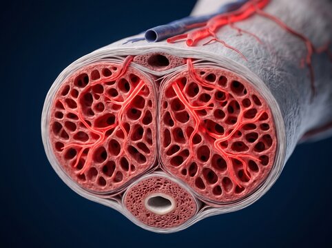 Cross section of human penis anatomy showing corpora cavernosa and corpus spongiosum.