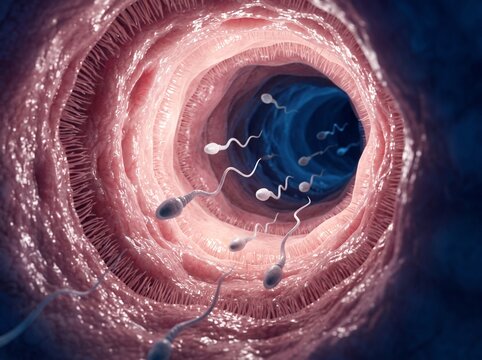 Microscopic view of sperm swimming through a fallopian tube towards an egg.