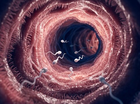 Microscopic view of sperm cells swimming towards an egg cell in a fallopian tube.