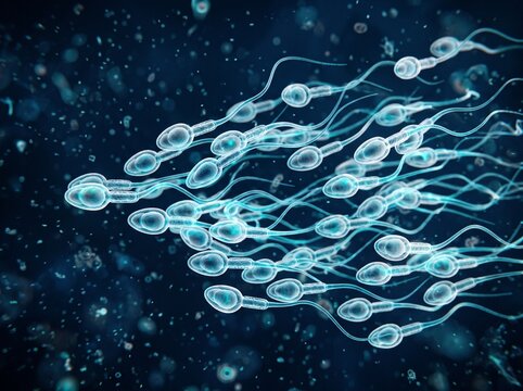 Microscopic view of human sperm cells swimming in fluid.