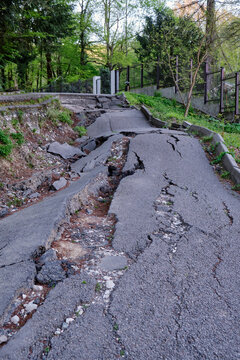 A section of road destroyed by a landslide. Natural disaster.