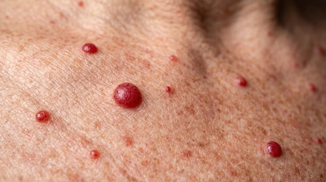 Macro of cherry angiomas and red blood spots on sun damaged mature skin