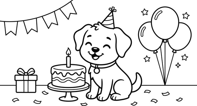 Cute Puppy Birthday Celebration With Cake And Balloons Coloring Page Illustration