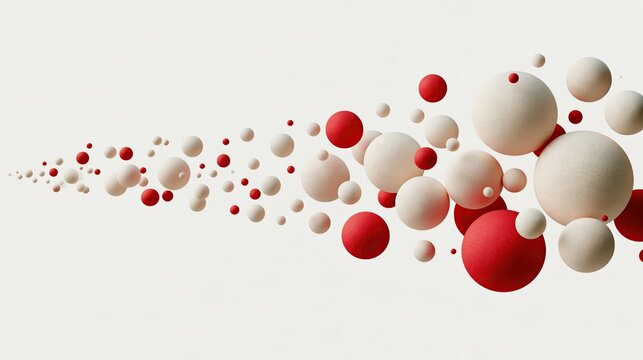 Abstract composition of floating red and beige 3D spheres with matte texture on light off-white background for modern minimalist design and decoration