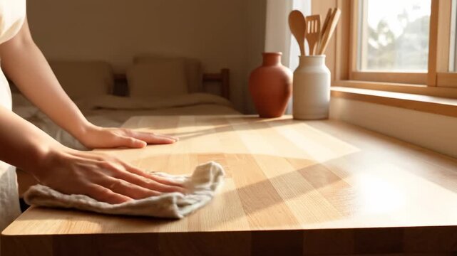 Person cleaning wooden kitchen countertop with a white cloth.