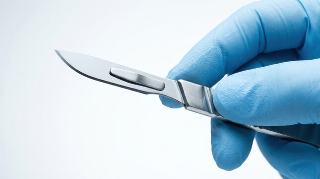 Surgeon hand in a blue medical glove holding a stainless steel scalpel for surgery