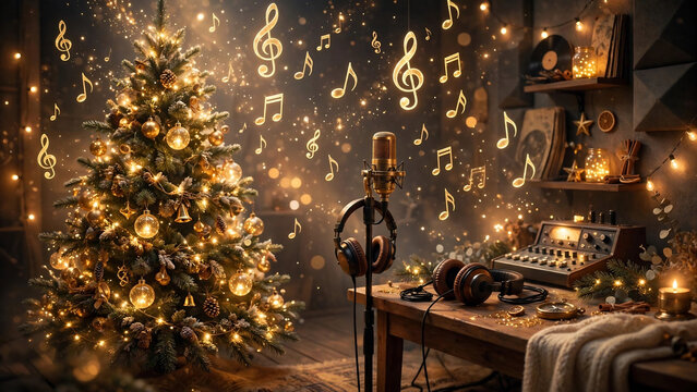 Festive Christmas Scene with Decorated Tree and Musical Notes.