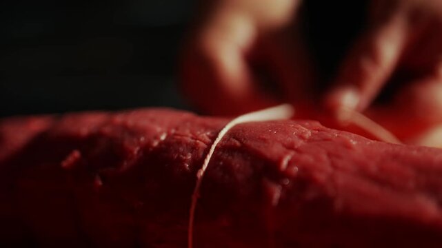 Hands tie string around a large cut of raw red meat