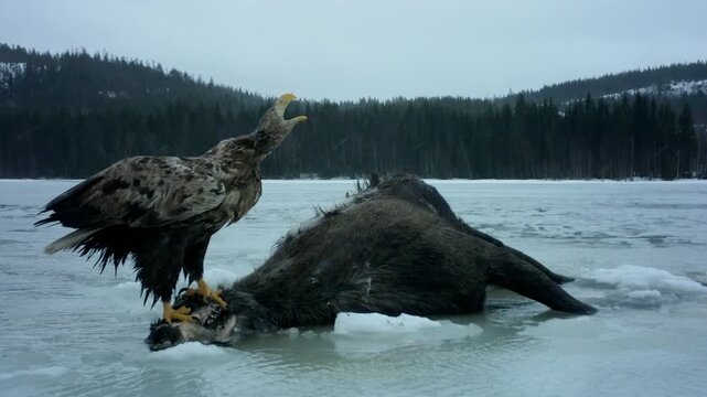 Golden Eagles Scavenging Dead Animals Along A Shoreline, Birds Of Prey Feeding On Carcasses Beside The Frozen Coastal Water. Close-up Shot